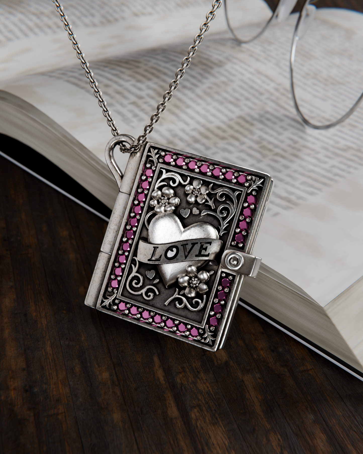 Pink Romance Book Locket Necklace